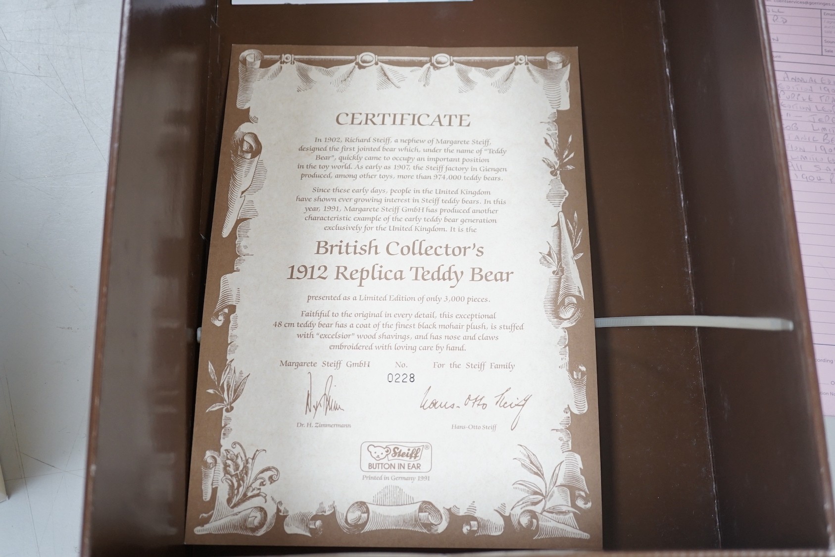 Steiff Replica Titanic Bear, No.228, box and certificate